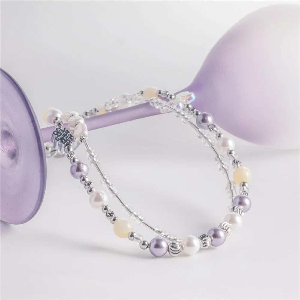 YUNSE SAB011 Double Layer Phone Chain Elegant Purple Crystal Pearl Lanyard 30-34cm Stylish Accessory - 4