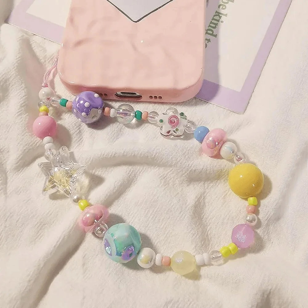 Colorful Beaded Phone Straps 14cm DIY Graffiti Acrylic Star Anti-Lost Phone String Key Chain - 2