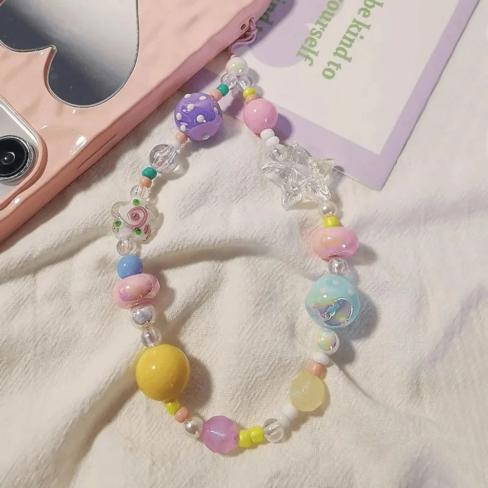 Colorful Beaded Phone Straps 14cm DIY Graffiti Acrylic Star Anti-Lost Phone String Key Chain - 3