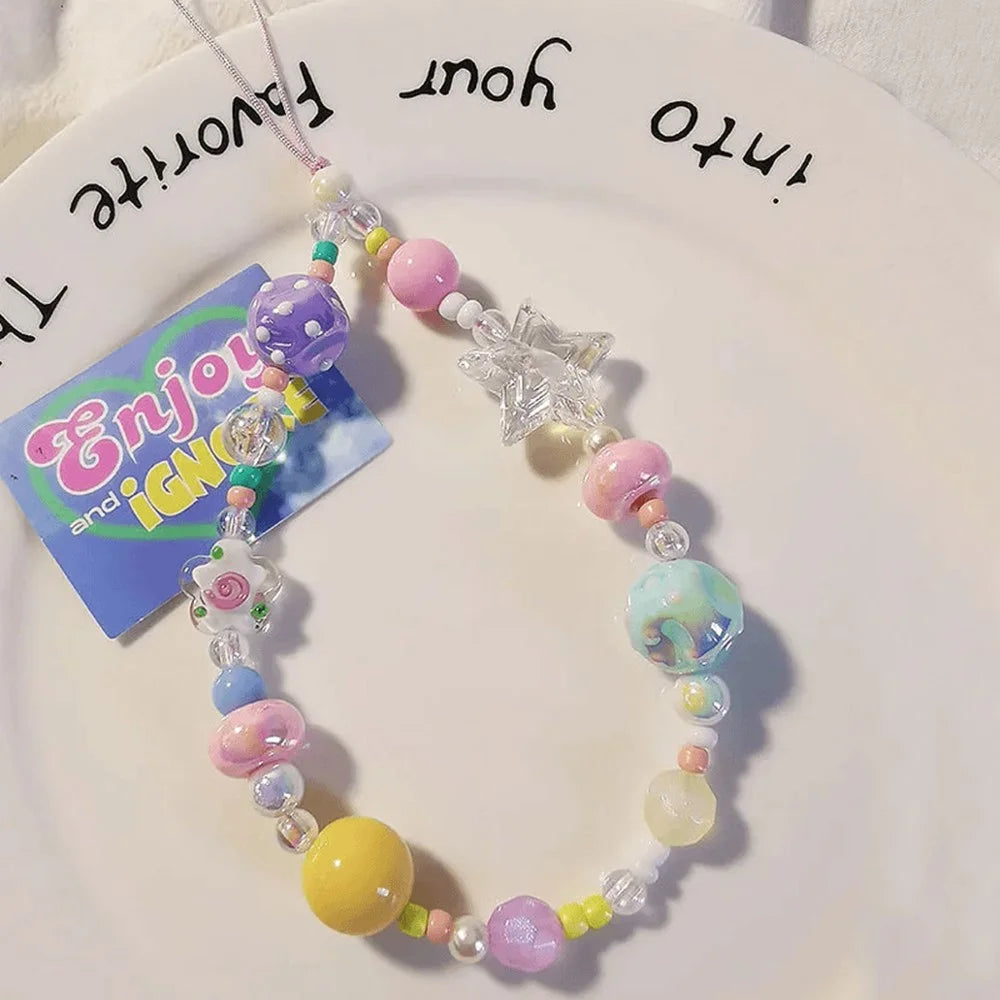 Colorful Beaded Phone Straps 14cm DIY Graffiti Acrylic Star Anti-Lost Phone String Key Chain - 4