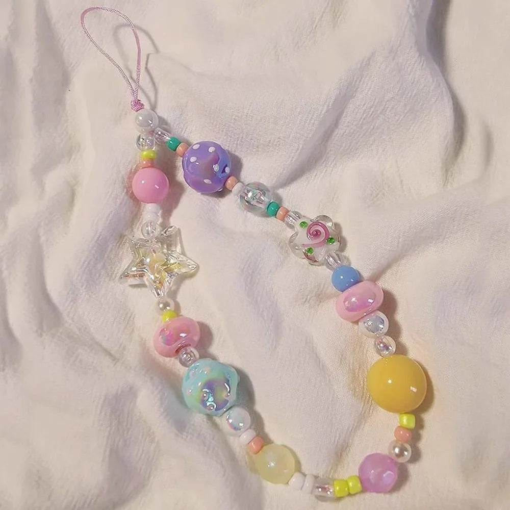 Colorful Beaded Phone Straps 14cm DIY Graffiti Acrylic Star Anti-Lost Phone String Key Chain - 5