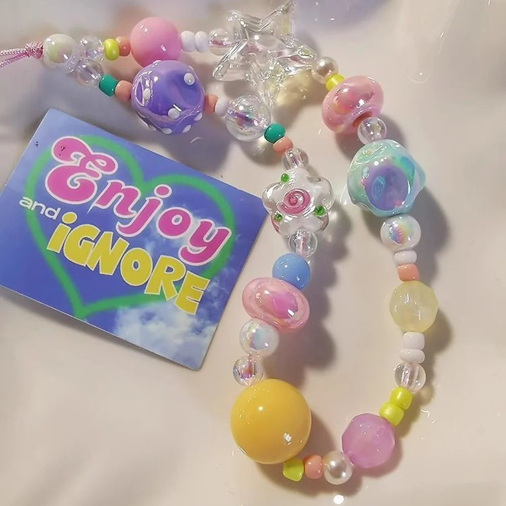 Colorful Beaded Phone Straps 14cm DIY Graffiti Acrylic Star Anti-Lost Phone String Key Chain - 6