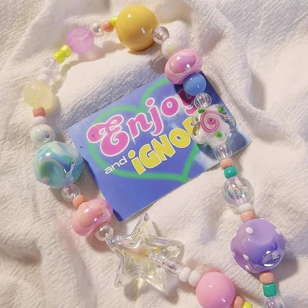 Colorful Beaded Phone Straps 14cm DIY Graffiti Acrylic Star Anti-Lost Phone String Key Chain - 7