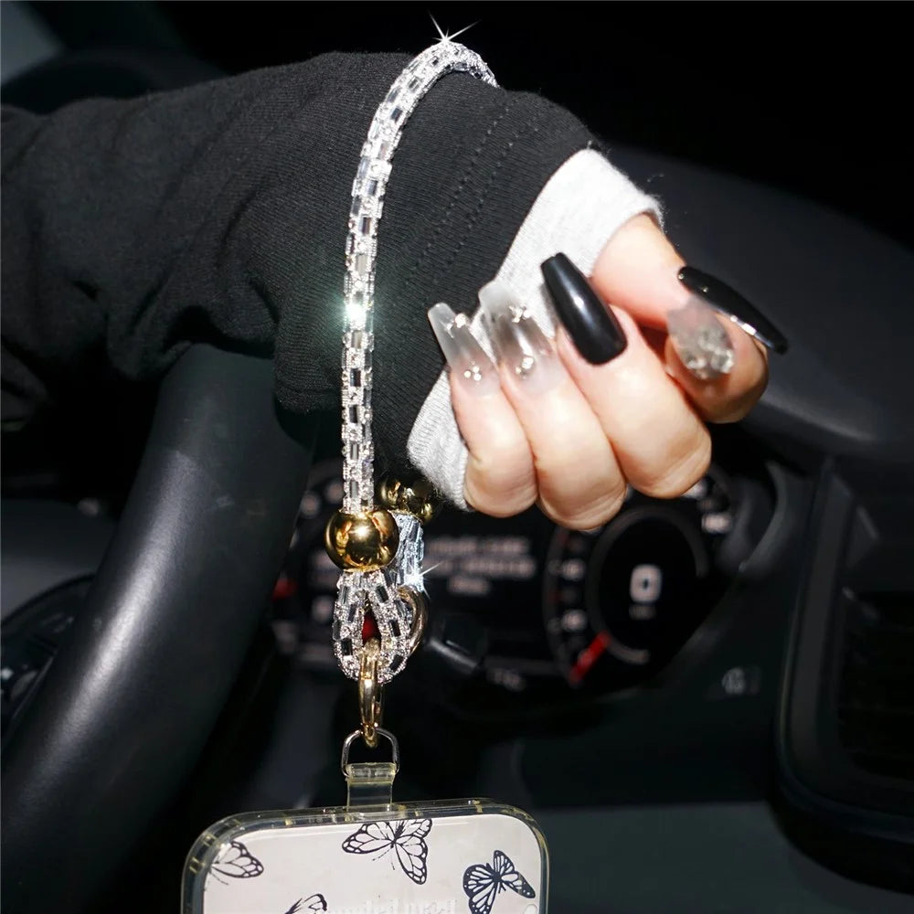 30cm Square Crystal Beaded Phone Lanyard Wrist Strap Mobile Chain Crystal Rhinestone Accessory - Dazzling  /  Gold - 3