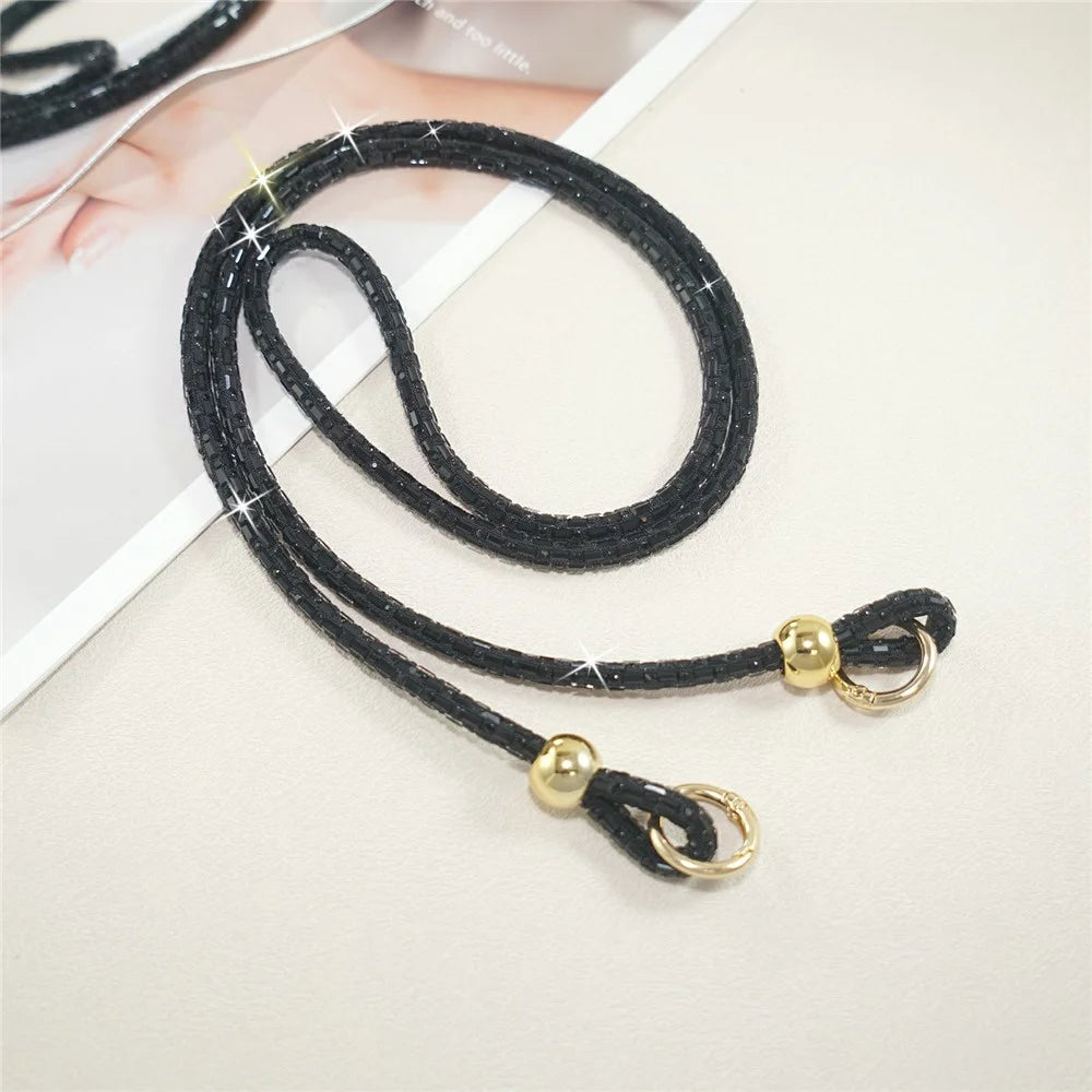 120cm Square Crystal Beaded Phone Lanyard Crossbody Neck Strap Anti-Lost Cellphone Chain Accessories - Black  /  Gold - 3