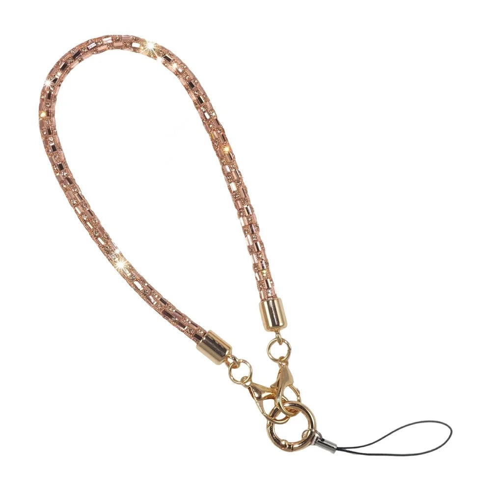30cm Short Phone Lanyard Square Crystal Gold Connector Cell Phone Wrist Straps with Quick Release Clasp - Rose Gold - 1
