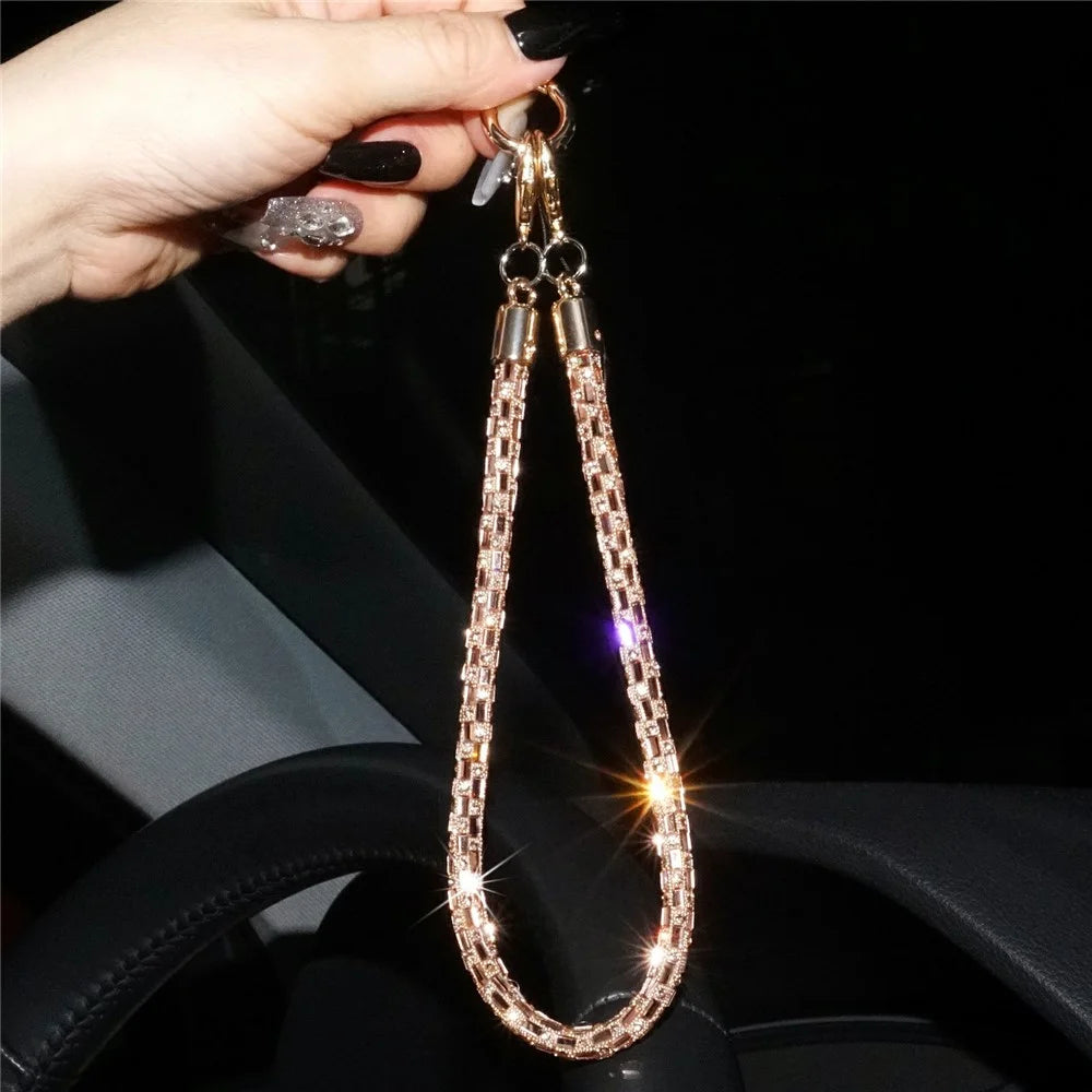 30cm Short Phone Lanyard Square Crystal Gold Connector Cell Phone Wrist Straps with Quick Release Clasp - Rose Gold - 2