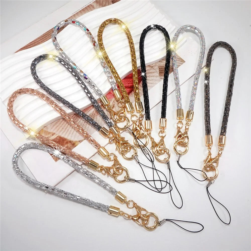 30cm Short Phone Lanyard Square Crystal Gold Connector Cell Phone Wrist Straps with Quick Release Clasp - Rose Gold - 3