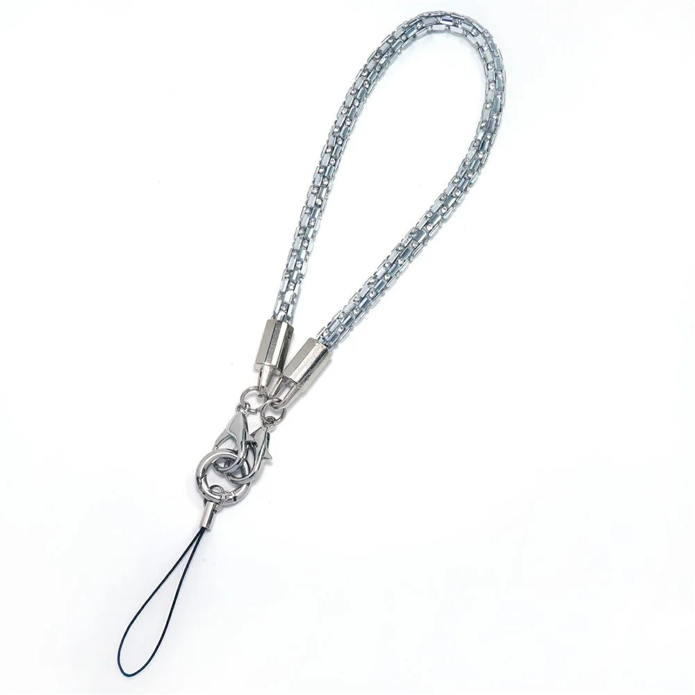 30cm Short Phone Lanyard Square Crystal Silver Connector Cell Phone Wrist Straps with Quick Release Clasp - Silver White - 1