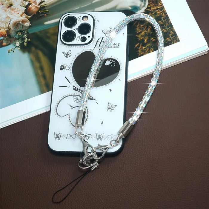 30cm Short Phone Lanyard Square Crystal Silver Connector Cell Phone Wrist Straps with Quick Release Clasp - Silver White - 2
