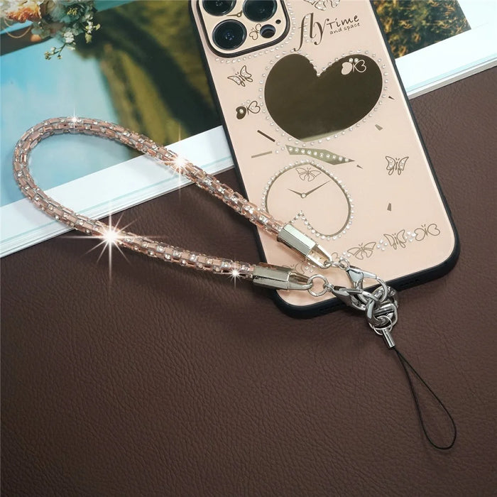 30cm Short Phone Lanyard Square Crystal Silver Connector Cell Phone Wrist Straps with Quick Release Clasp - Silver White - 3