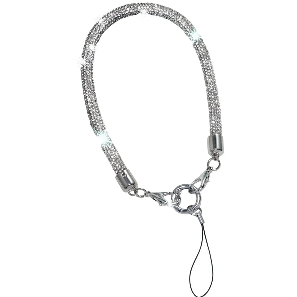 Short Rhinestone Phone Lanyard Wrist Strap Double Clasp Crystal Embellished Chain Universal Mobile Lanyard - Silver White - 1