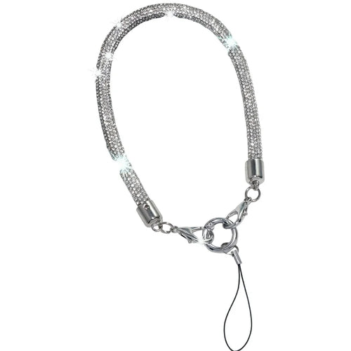 Short Rhinestone Phone Lanyard Wrist Strap Double Clasp Crystal Embellished Chain Universal Mobile Lanyard - Silver White - 1