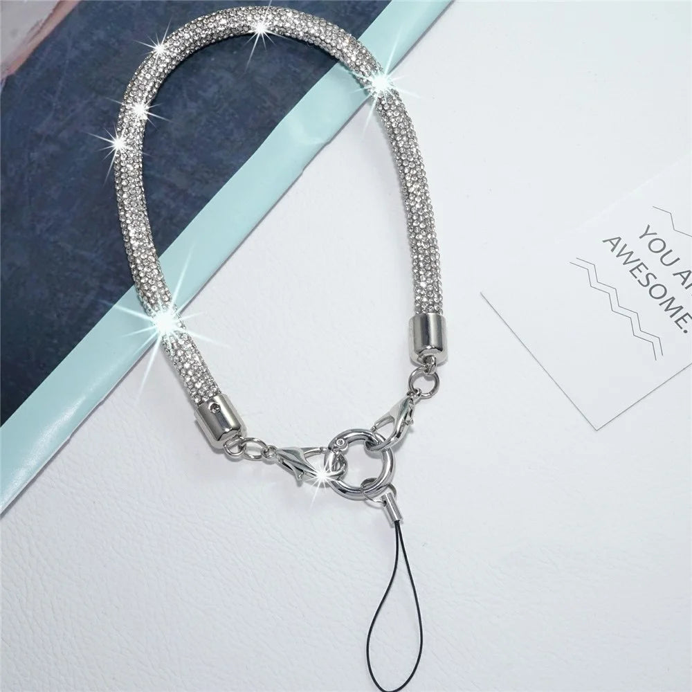 Short Rhinestone Phone Lanyard Wrist Strap Double Clasp Crystal Embellished Chain Universal Mobile Lanyard - Silver White - 2