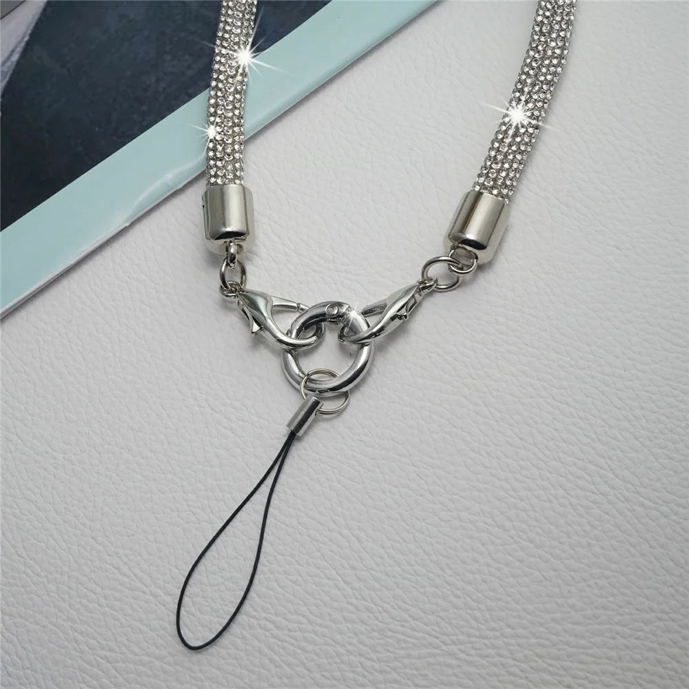 Short Rhinestone Phone Lanyard Wrist Strap Double Clasp Crystal Embellished Chain Universal Mobile Lanyard - Silver White - 3
