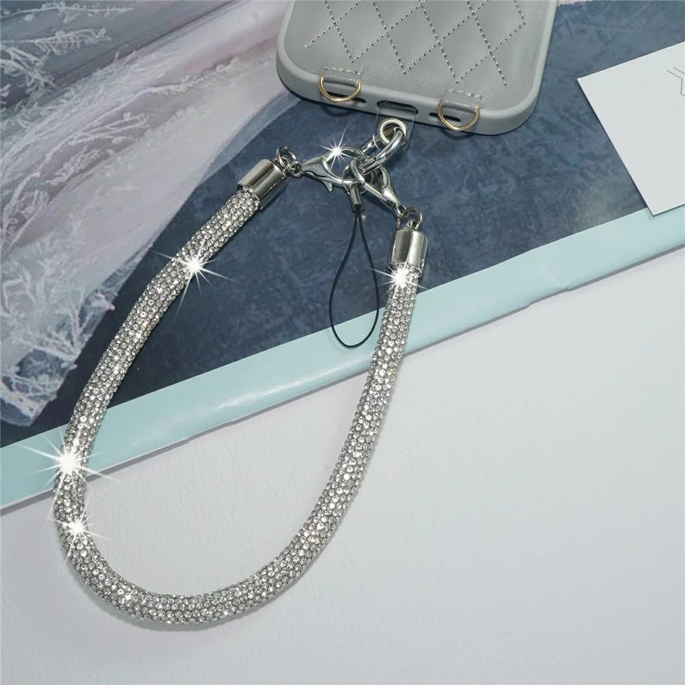 Short Rhinestone Phone Lanyard Wrist Strap Double Clasp Crystal Embellished Chain Universal Mobile Lanyard - Silver White - 4
