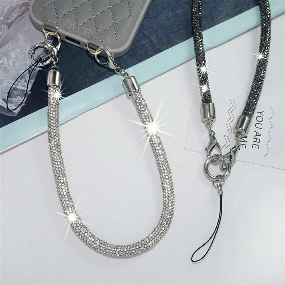 Short Rhinestone Phone Lanyard Wrist Strap Double Clasp Crystal Embellished Chain Universal Mobile Lanyard - Silver White - 5