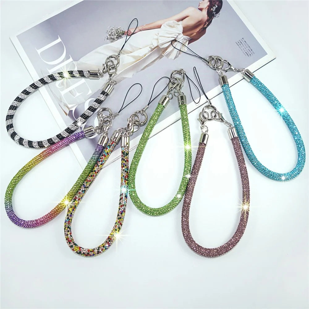 Short Rhinestone Phone Lanyard Wrist Strap Double Clasp Crystal Embellished Chain Universal Mobile Lanyard - Silver White - 6