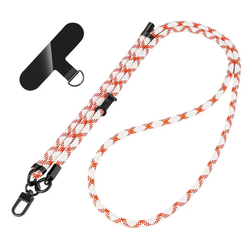 1.5m Adjustable Phone Lanyard with Tether Tab Crossbody Neck Strap Long Nylon Rope, 8mm Diameter - White / Orange X Pattern - 1