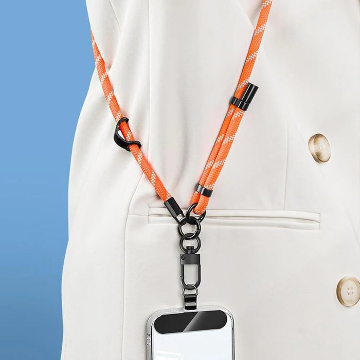 1.5m Adjustable Phone Lanyard with Tether Tab Crossbody Neck Strap Long Nylon Rope, 8mm Diameter - White / Orange X Pattern - 6