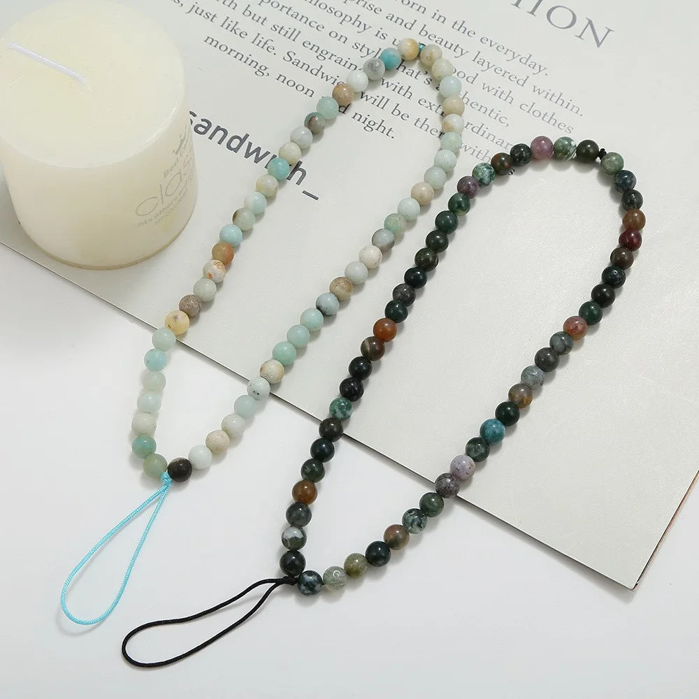 16cm Natural Stone Bead Phone Lanyard Wrist Strap Mixed Color Hand Chain Mobile Phone Accessories - Black Strap - 3