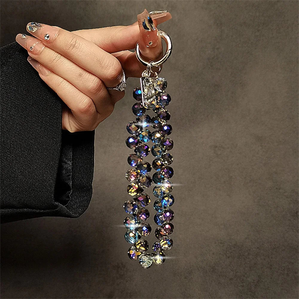 14cm Crystal Bead Phone Strap Chain Wrist Lanyard Keychain with Clear Tether Tab - Dark Purple - 1
