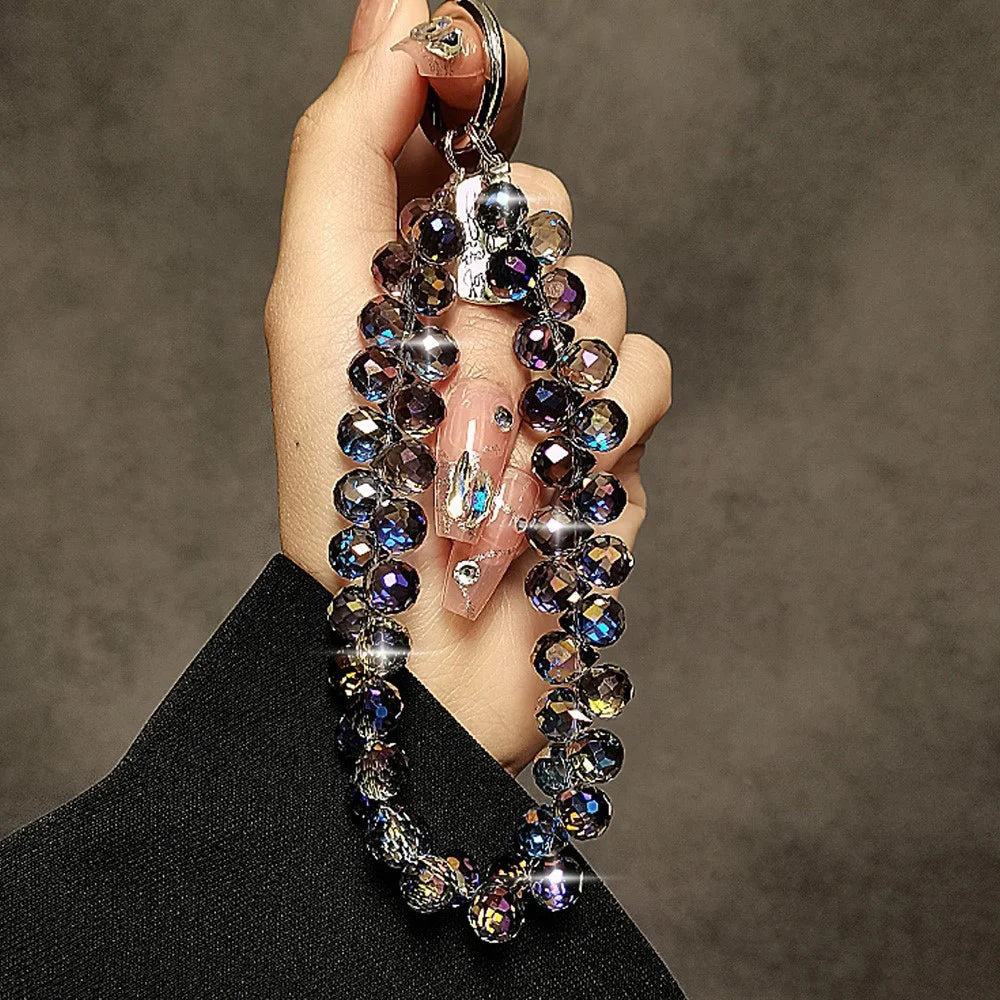 14cm Crystal Bead Phone Strap Chain Wrist Lanyard Keychain with Clear Tether Tab - Dark Purple - 2