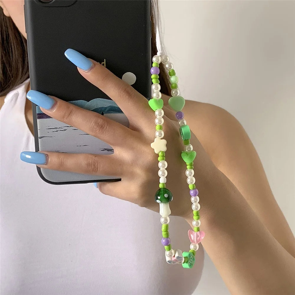 20cm Phone Lanyard Mushroom Pearl Tassel Design Acrylic Beaded Strap Wrist Chain Mobile Accessory - 0034 - 2
