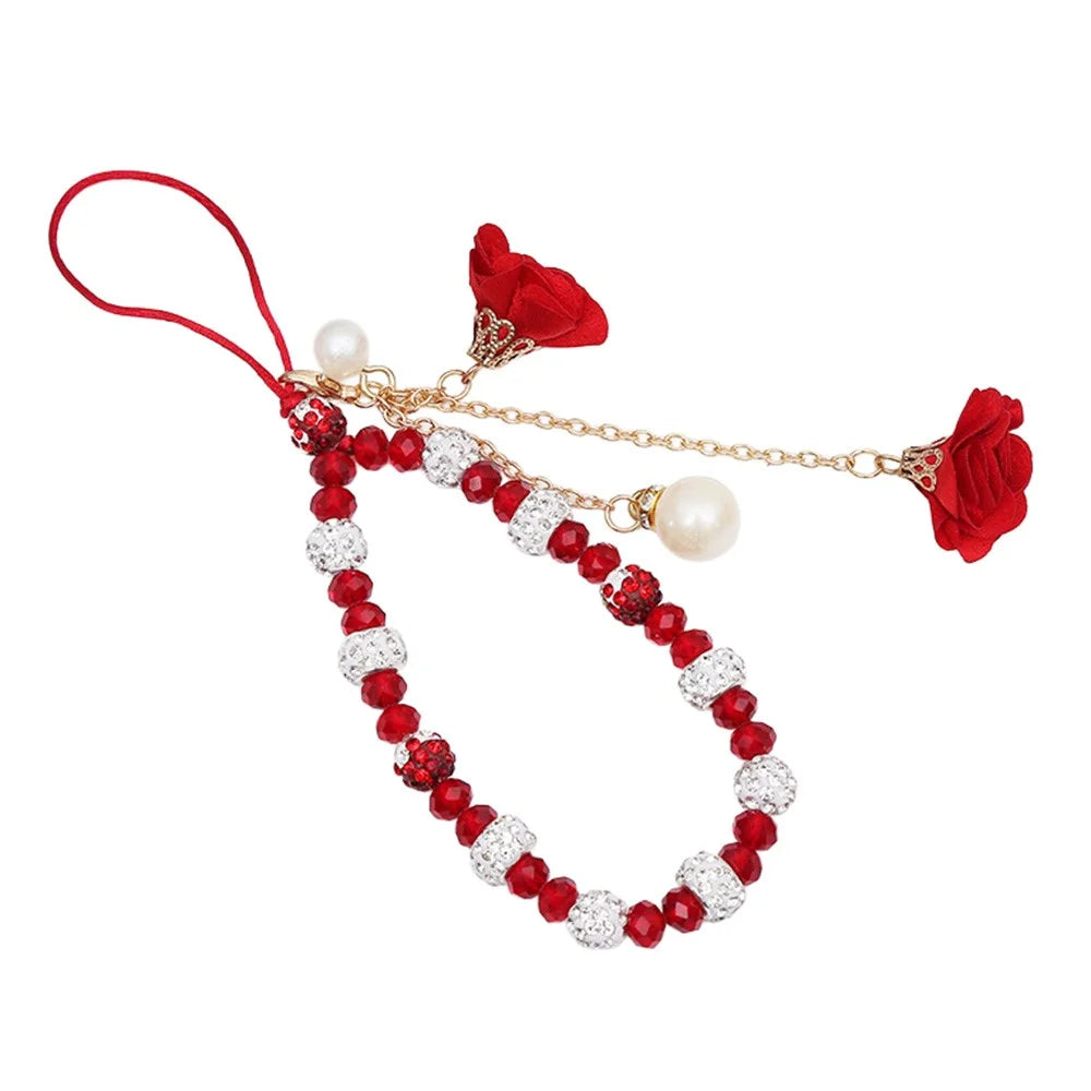 18.7cm Phone Lanyard with Crystal Beads and Rose Flower Charms Wrist Strap Hand Chain Mobile Phone Accessory - Red - 1