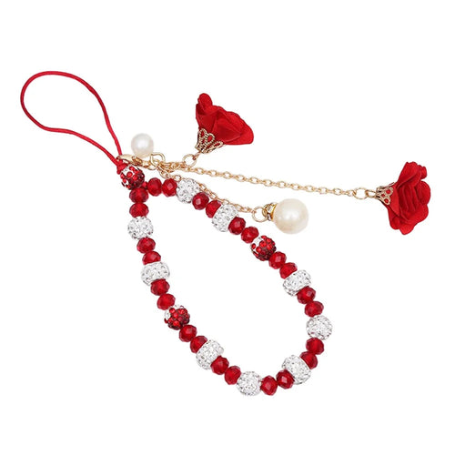 18.7cm Phone Lanyard with Crystal Beads and Rose Flower Charms Wrist Strap Hand Chain Mobile Phone Accessory - Red - 1
