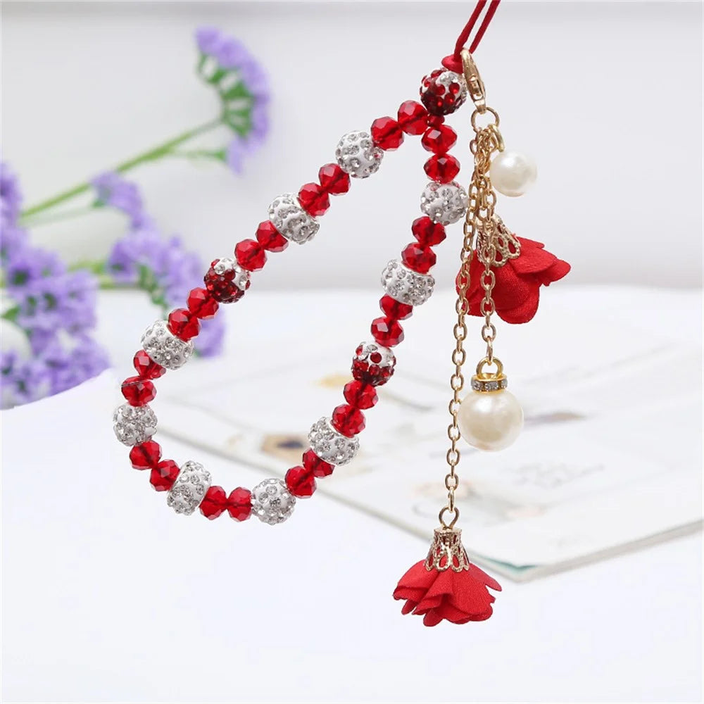 18.7cm Phone Lanyard with Crystal Beads and Rose Flower Charms Wrist Strap Hand Chain Mobile Phone Accessory - Red - 2
