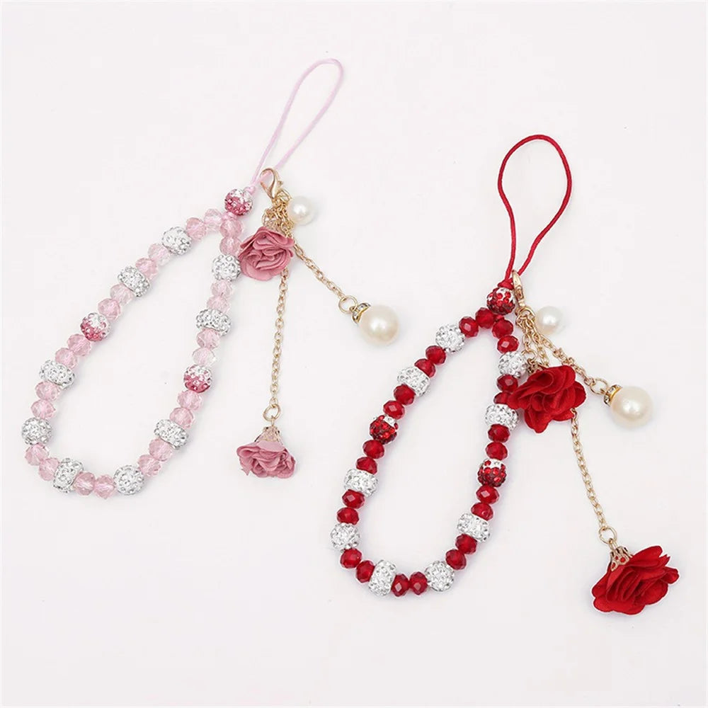 18.7cm Phone Lanyard with Crystal Beads and Rose Flower Charms Wrist Strap Hand Chain Mobile Phone Accessory - Red - 3