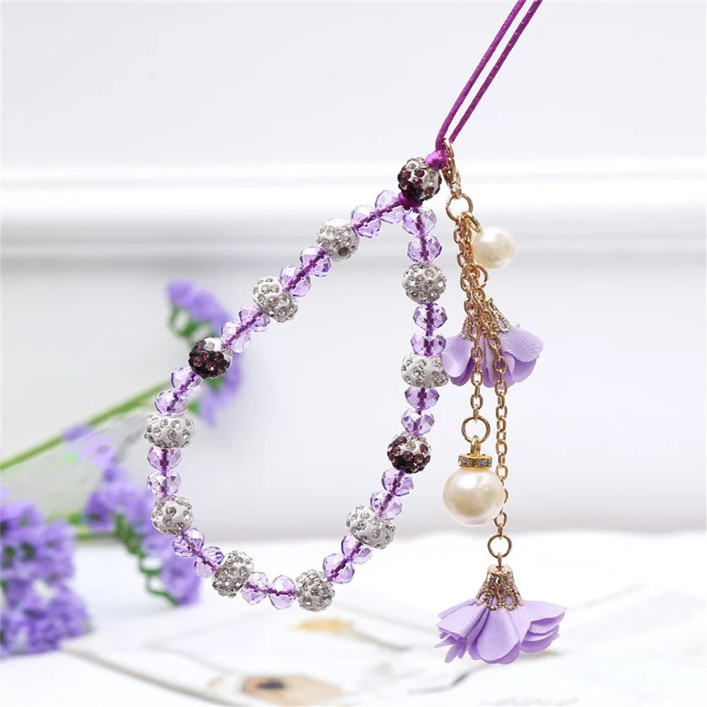 18.7cm Phone Lanyard with Crystal Beads and Rose Flower Charms Wrist Strap Hand Chain Mobile Phone Accessory - Red - 4