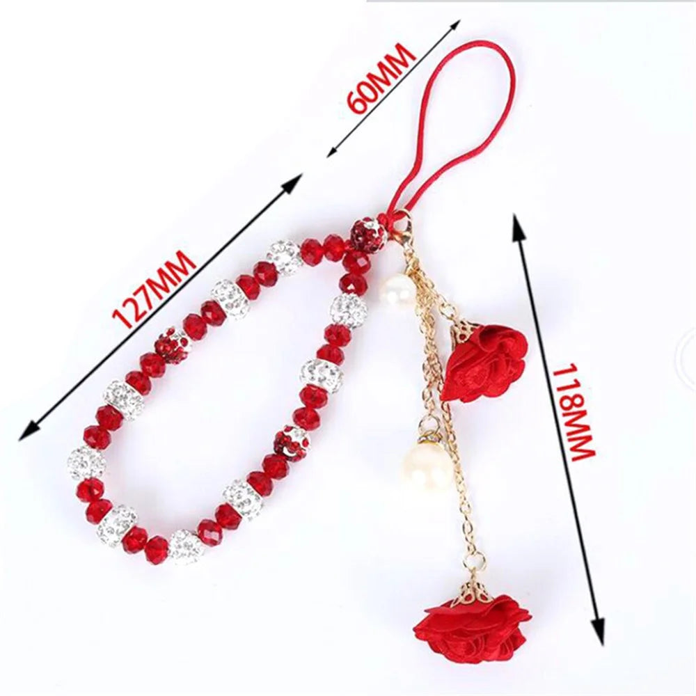 18.7cm Phone Lanyard with Crystal Beads and Rose Flower Charms Wrist Strap Hand Chain Mobile Phone Accessory - Red - 5