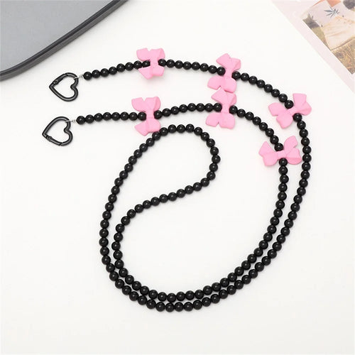120cm Beaded Crossbody Chain with Cute Bowknot Charm Phone Lanyard Strap for Women - K621 / Black Beads - 1