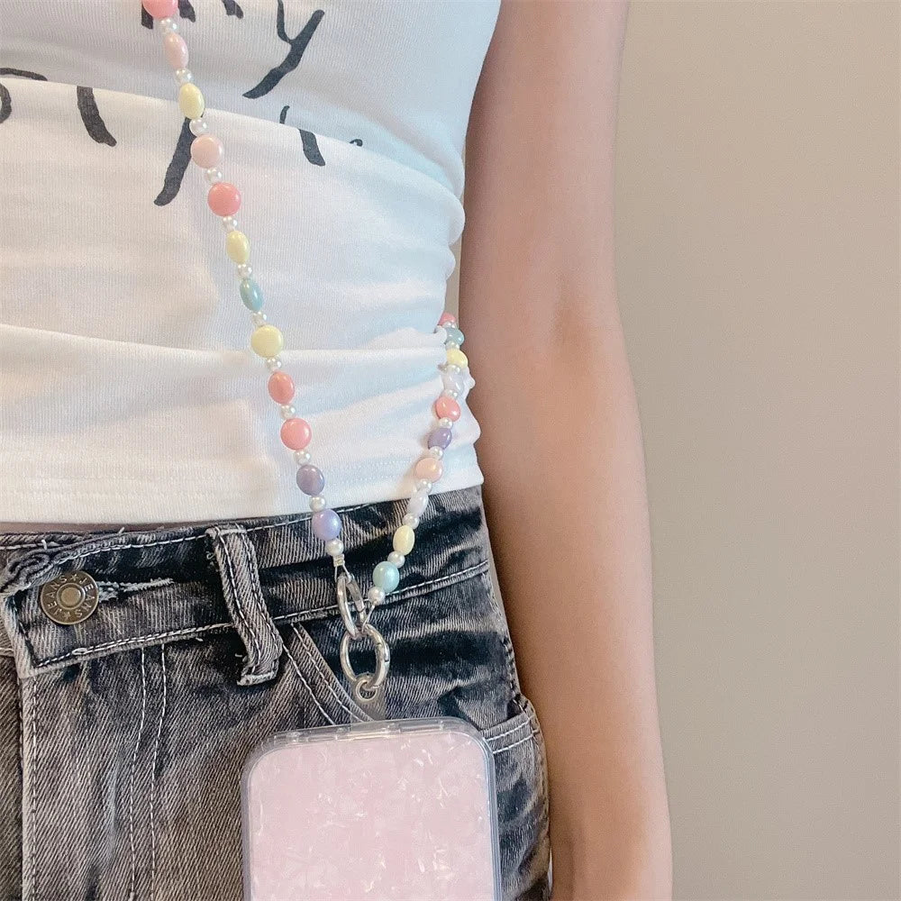 120cm Length Colorful Beaded Phone Chain Lanyard Strap Crossbody Lanyard Candy Color Faux Pearls String Phone Neck Strap - 4
