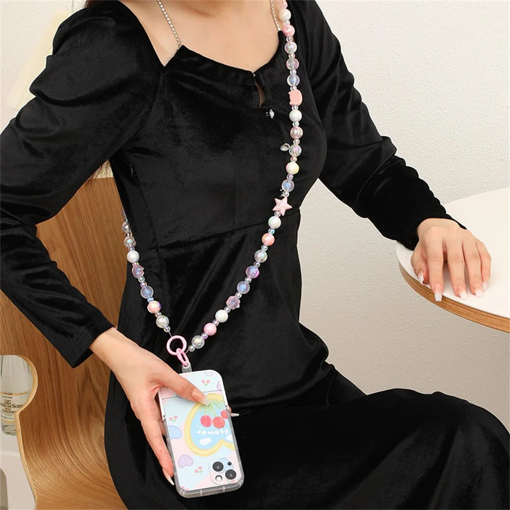 120cm Length Phone Lanyard Beaded Chain Crossbody Strap Colorful Charm Phone Necklace Strap with Metal Clasp - K196  /  Purple - 7