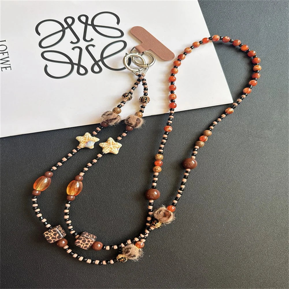120cm Beaded Phone Lanyard Chain CellPhone Charm Camera Crossbody Strap with Tether Tab - Leopard-print Pom-pom - 1