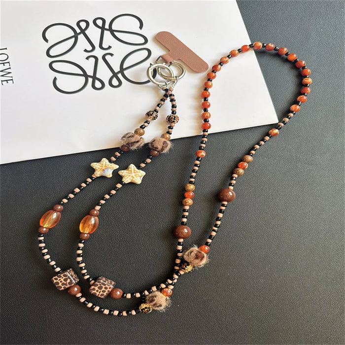 120cm Beaded Phone Lanyard Chain CellPhone Charm Camera Crossbody Strap with Tether Tab - Leopard-print Pom-pom - 1
