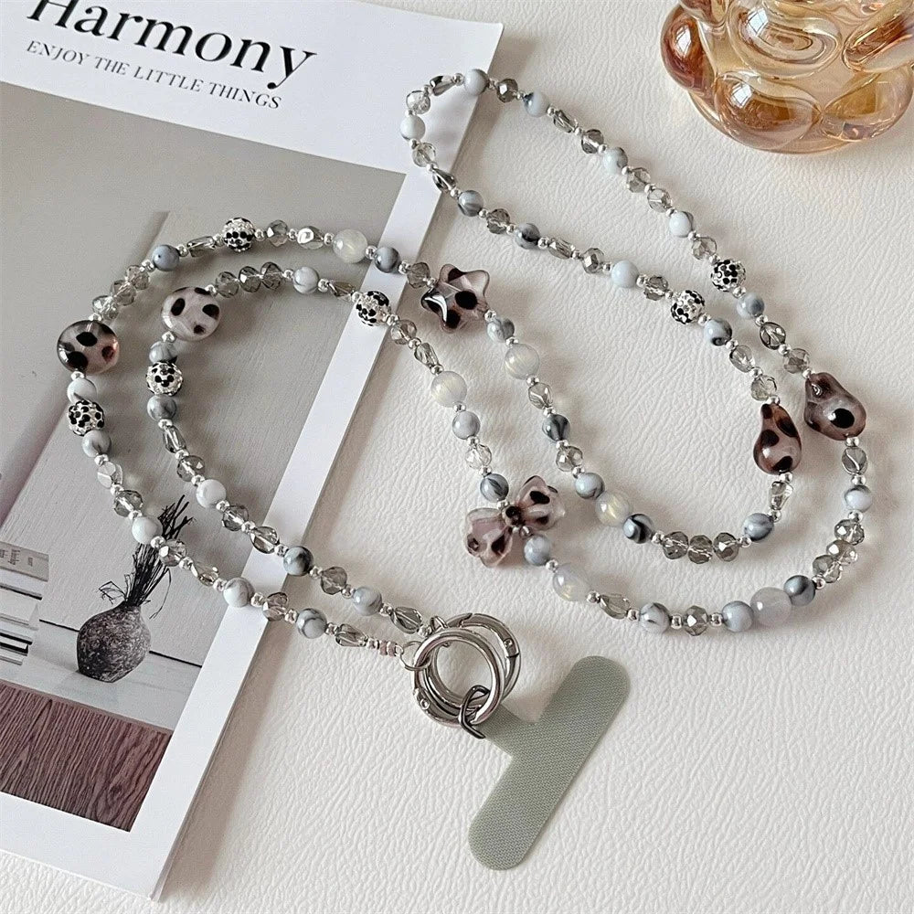 120cm Phone Chain Lanyard Rhinestone Beaded Phone Strap Crossbody Cord with Tether Tab - Grey - 1