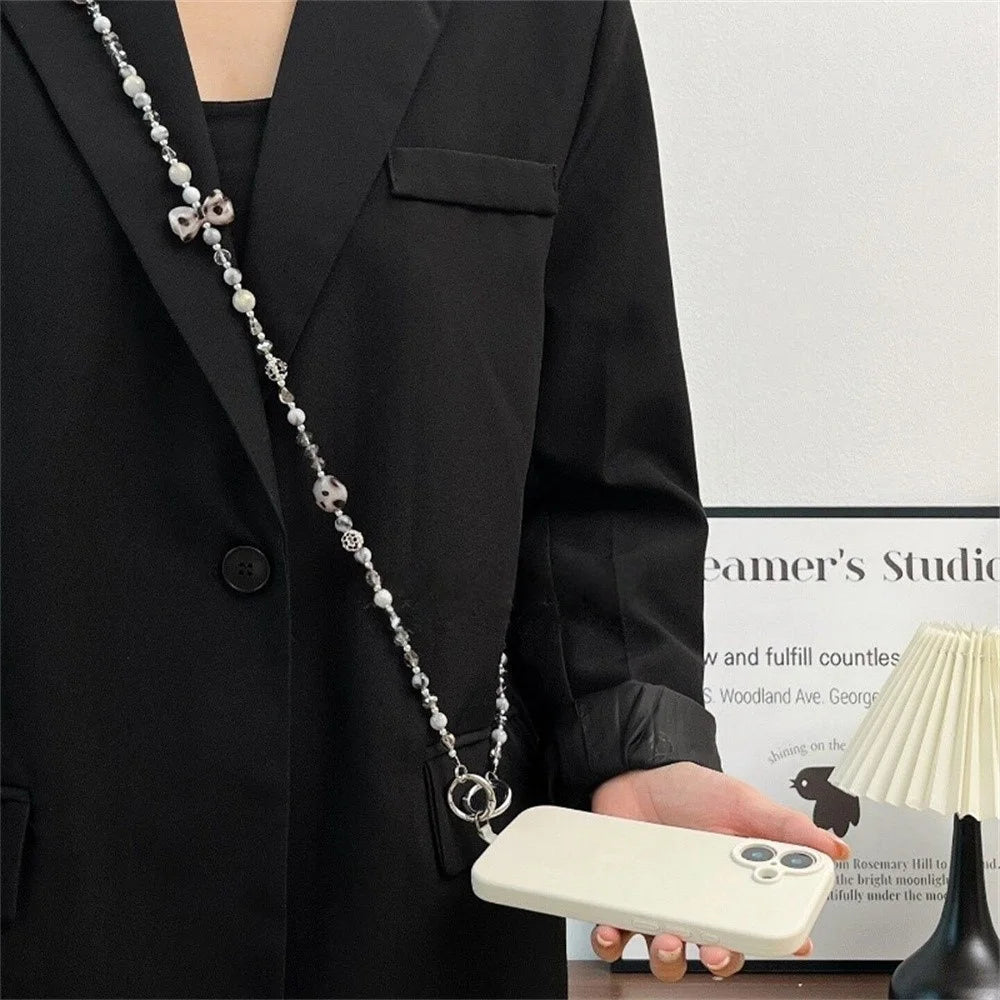120cm Phone Chain Lanyard Rhinestone Beaded Phone Strap Crossbody Cord with Tether Tab - Grey - 2