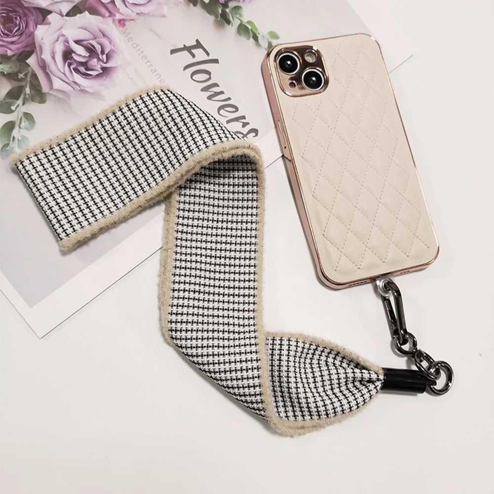 Phone Lanyard Neck Strap with Patch Universal Cell Phone Cord Strap Plush Plaid Phone Tether Strap - Black - 2