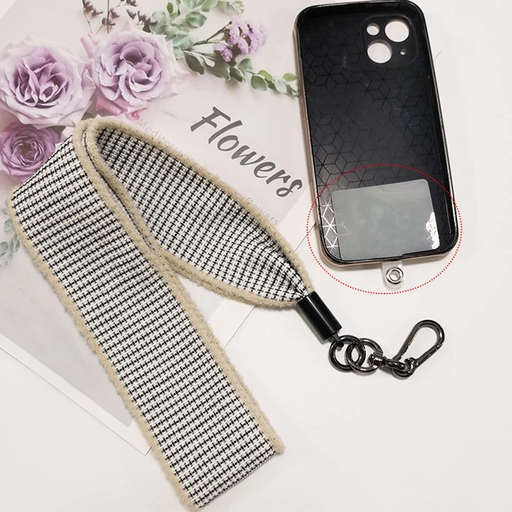 Phone Lanyard Neck Strap with Patch Universal Cell Phone Cord Strap Plush Plaid Phone Tether Strap - Black - 3