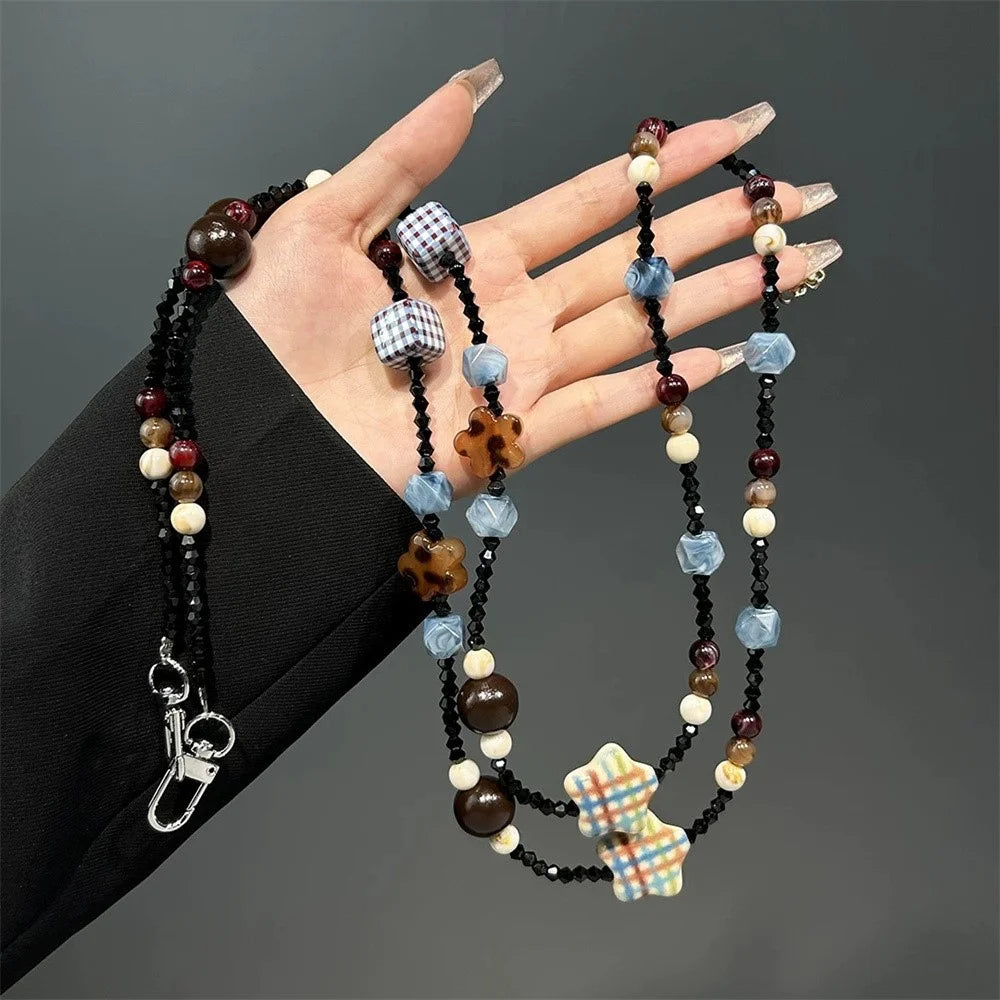 120cm Phone Lanyard Beaded Chain Strap Vintage Crossbody Mobile Phone Necklace Rope with Tether Tab - Black Beads / Grid Squares - 1