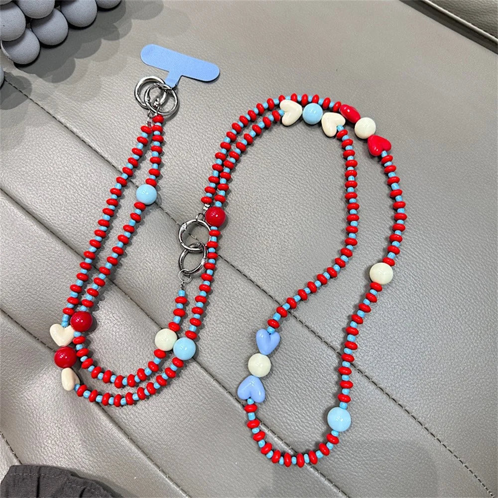 130cm Beaded Phone Lanyard Colorful Heart Charm Detachable 2-in-1 Crossbody Wrist Strap Chain - 1