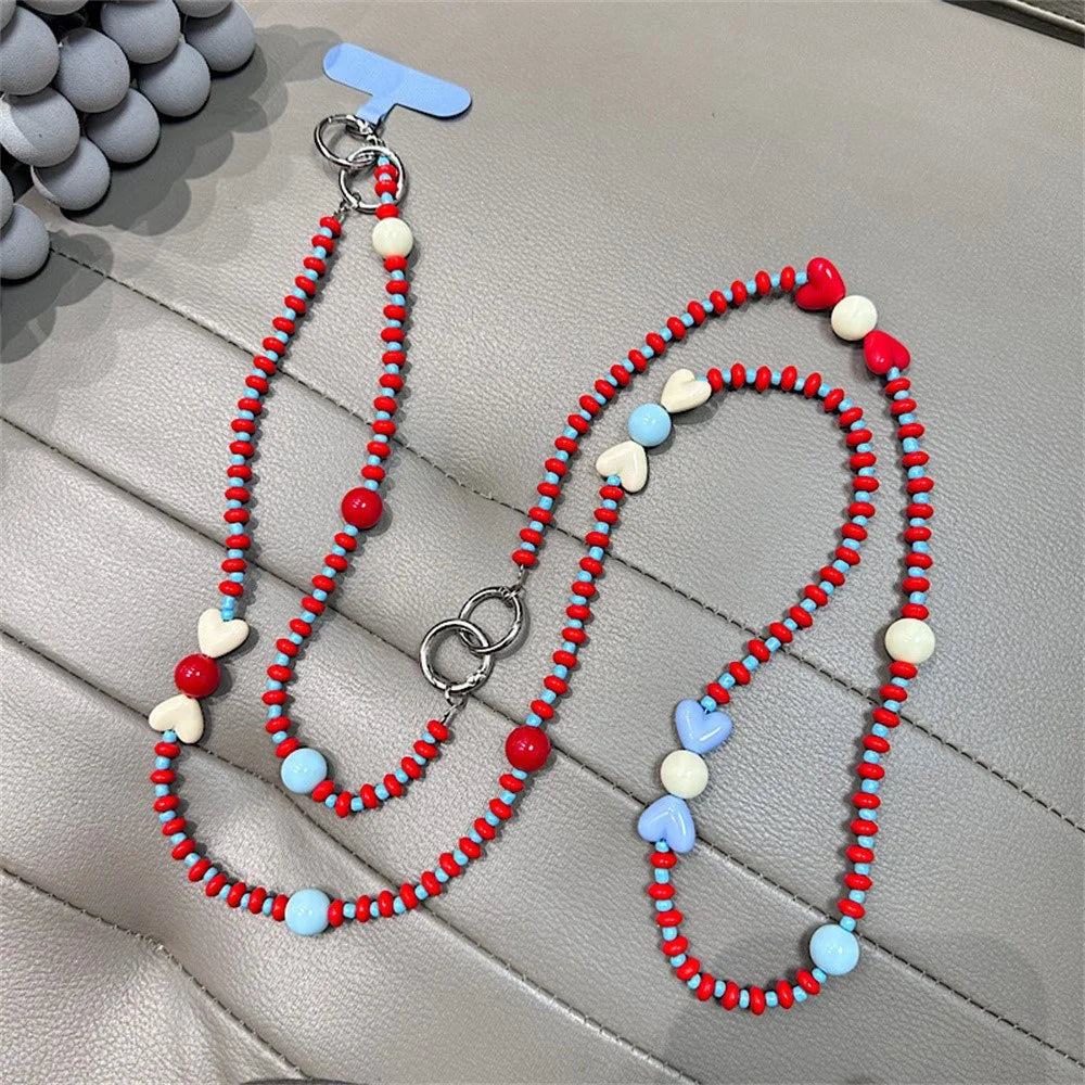 130cm Beaded Phone Lanyard Colorful Heart Charm Detachable 2-in-1 Crossbody Wrist Strap Chain - 2