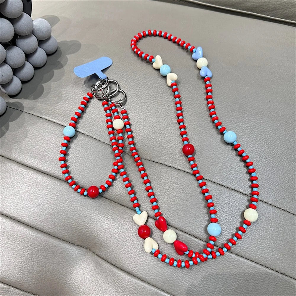 130cm Beaded Phone Lanyard Colorful Heart Charm Detachable 2-in-1 Crossbody Wrist Strap Chain - 3