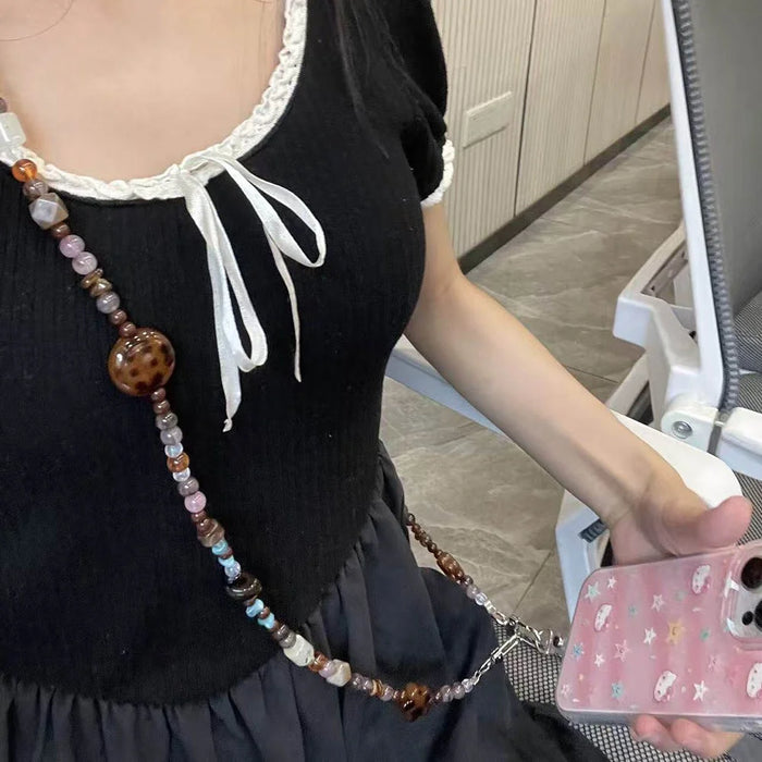 120cm Vintage Phone Lanyard Beaded Strap Crossbody Phone Chain Bag Strap with Tether Tab - Leopard - 2