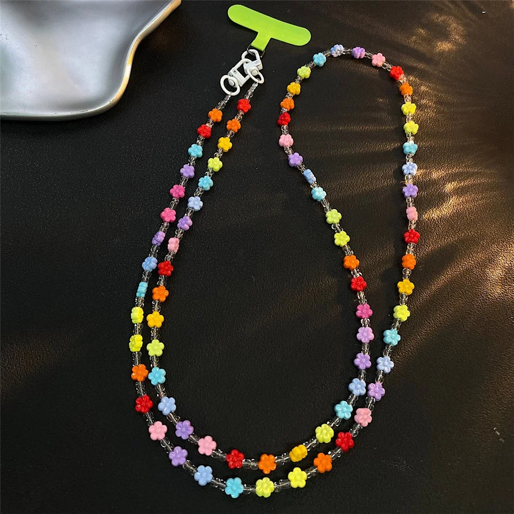 120cm Colorful Beaded Phone Lanyard Strap Crossbody Chain with Tether Tab for Phone Case Camera Bag - Colorful Flowers / Transparent Beads - 1