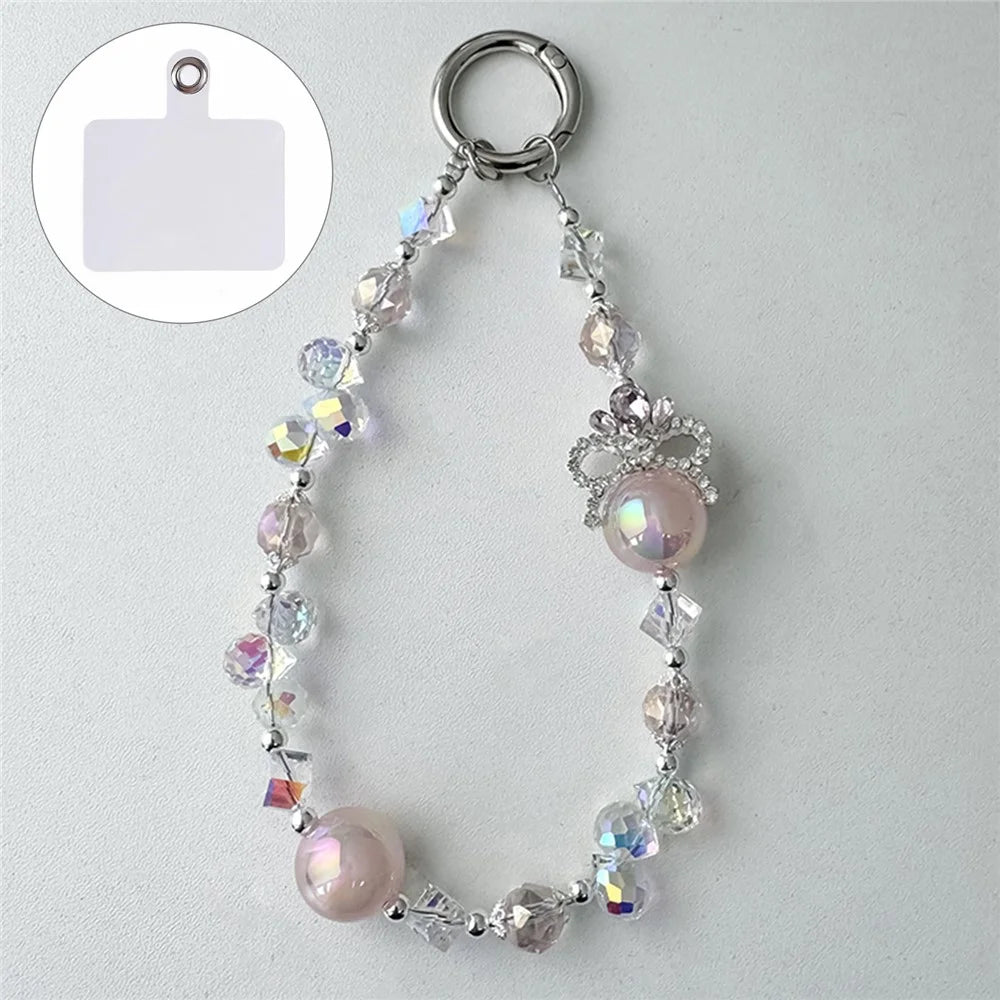 A1090 30cm Crown Phone Lanyard with Removable Blank White Card Alloy Beaded Chain Crystal Pearl Bead Phone Charm Wrist Strap - Pink - 1